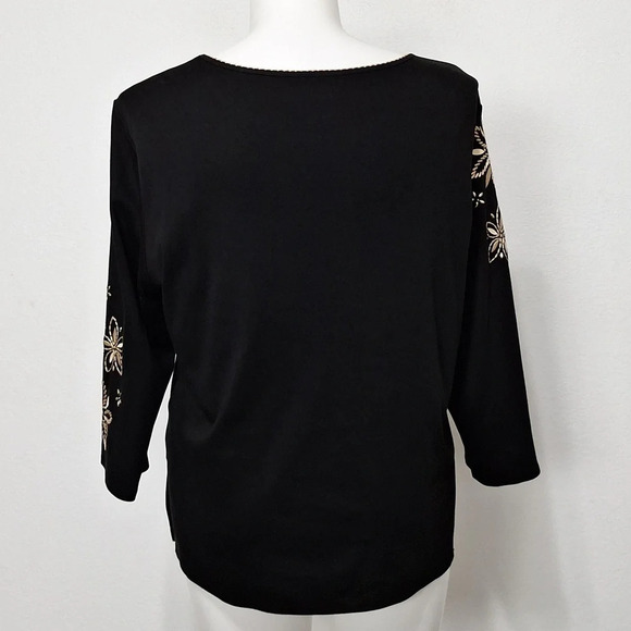 Alfred Dunner Black & Gold Spontaneous Flower Embroidery Crew Neck Top Size XL - Picture 10 of 13